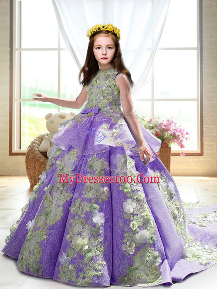 Fancy Lavender High-neck Backless Appliques Pageant Dress Wholesale Court Train Sleeveless