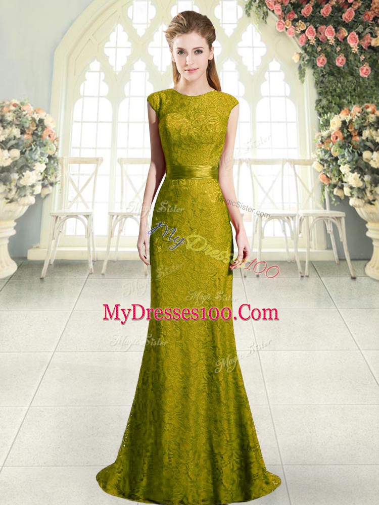 Noble Gold Mermaid Scoop Cap Sleeves Sweep Train Backless Beading and Lace Evening Wear