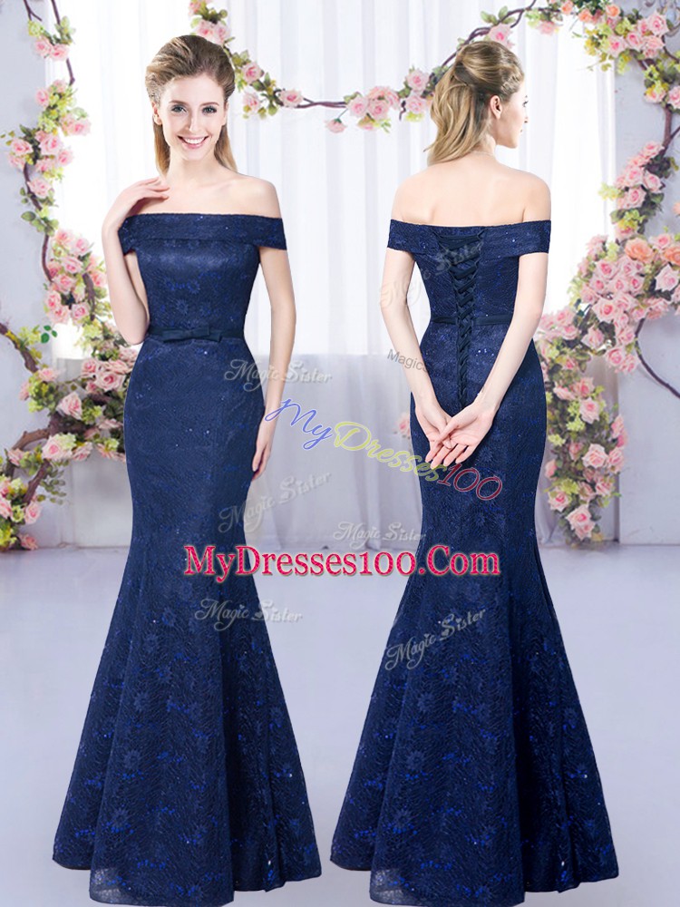 Sleeveless Floor Length Lace Up Bridesmaid Gown in Navy Blue with Lace