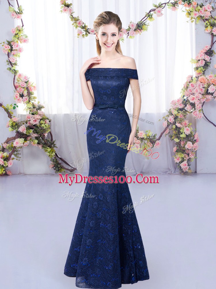 Sleeveless Floor Length Lace Up Bridesmaid Gown in Navy Blue with Lace
