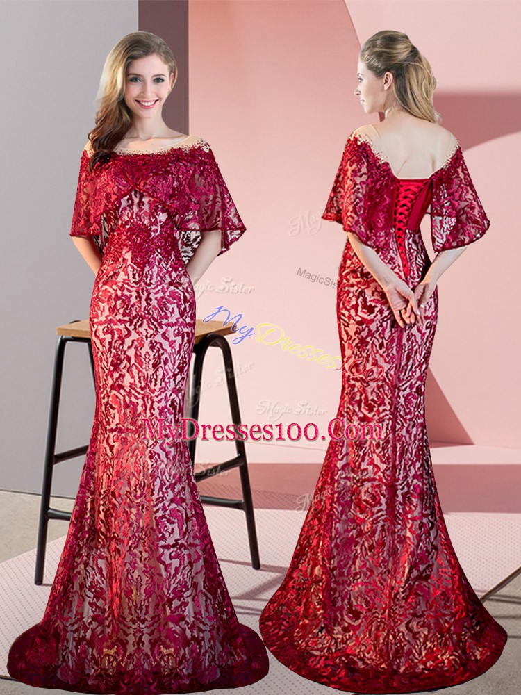 Sumptuous Red Mermaid Off The Shoulder Half Sleeves Sequined Sweep Train Lace Up Lace Evening Dress