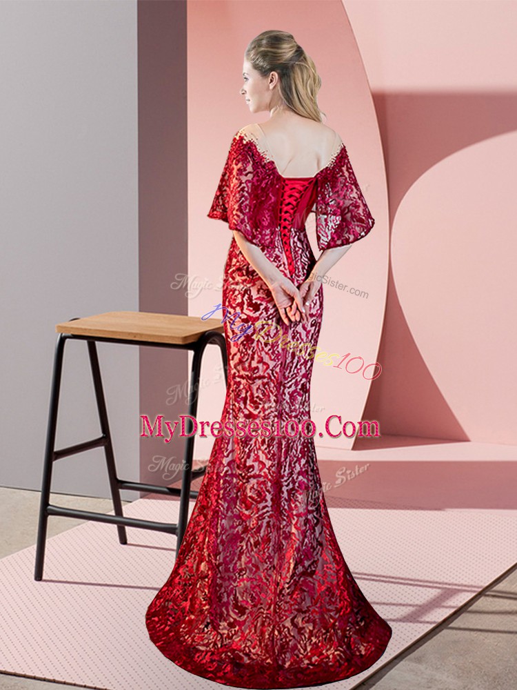 Sumptuous Red Mermaid Off The Shoulder Half Sleeves Sequined Sweep Train Lace Up Lace Evening Dress