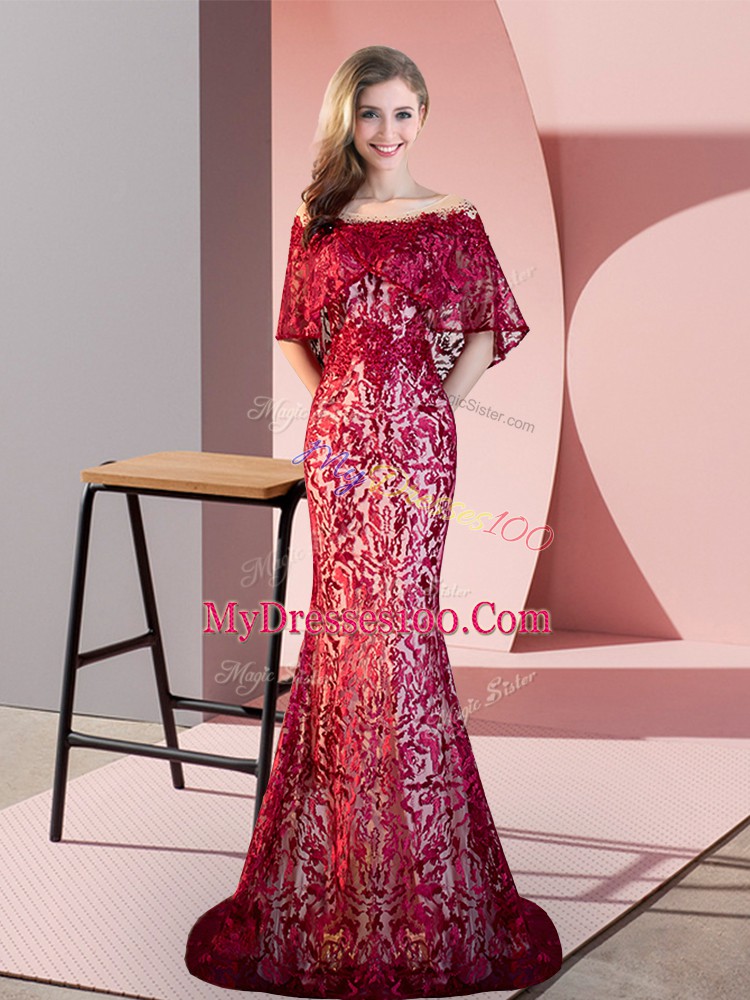 Sumptuous Red Mermaid Off The Shoulder Half Sleeves Sequined Sweep Train Lace Up Lace Evening Dress
