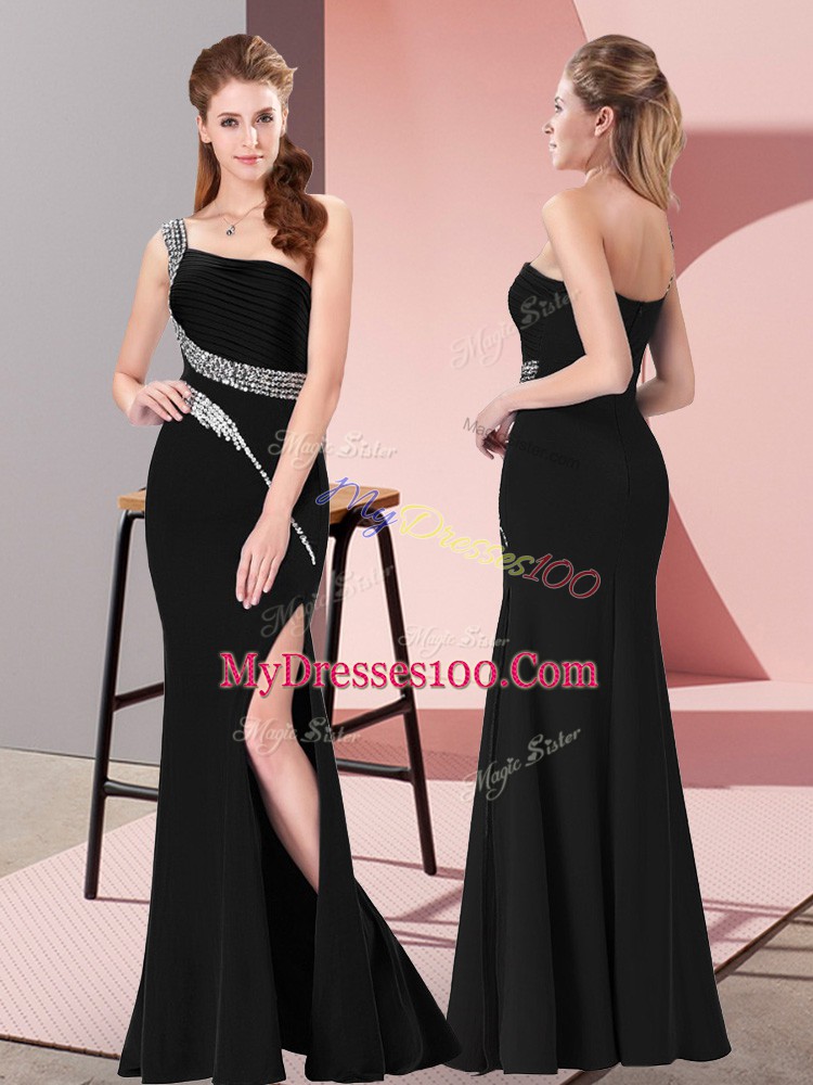 Adorable Black Satin Zipper One Shoulder Sleeveless Floor Length Dress for Prom Beading