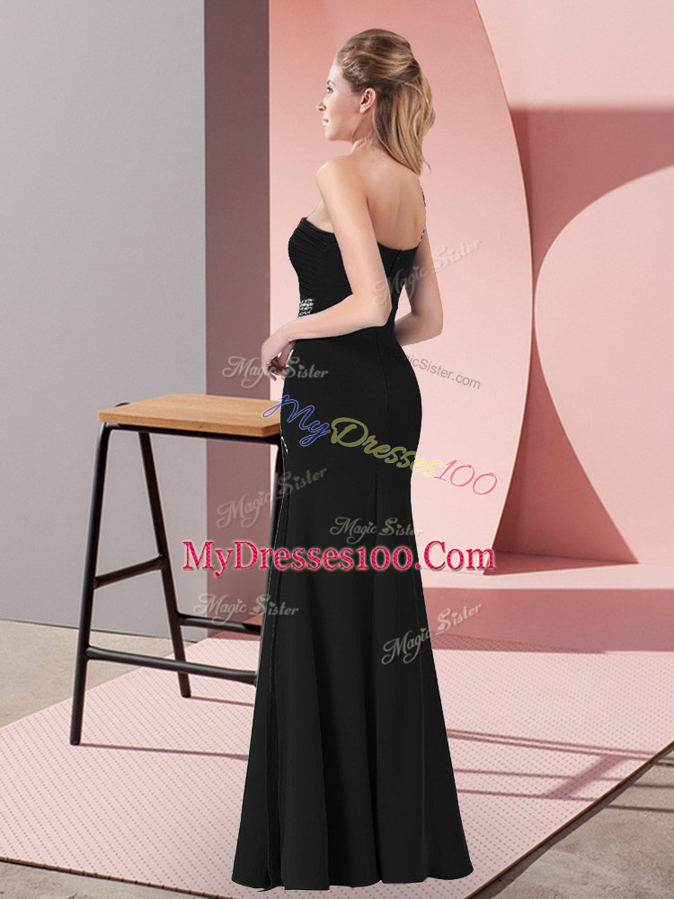 Adorable Black Satin Zipper One Shoulder Sleeveless Floor Length Dress for Prom Beading