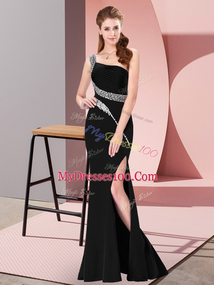 Adorable Black Satin Zipper One Shoulder Sleeveless Floor Length Dress for Prom Beading