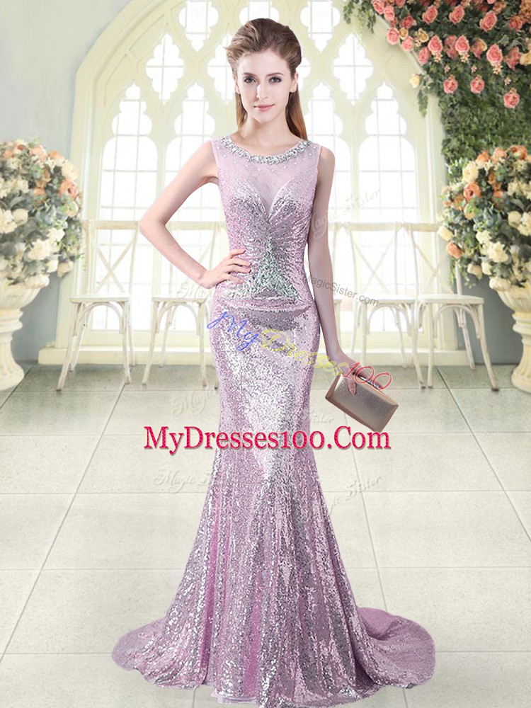 Sweet Lilac Sleeveless Sequined Brush Train Zipper Prom Dress for Prom and Party and Military Ball