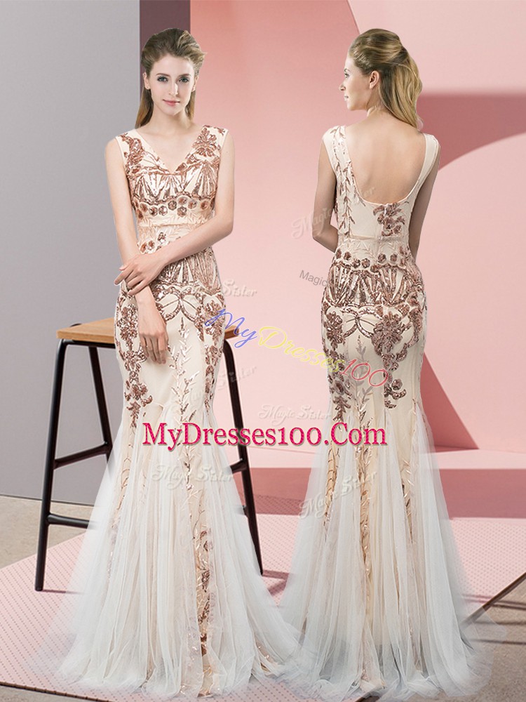 Perfect V-neck Sleeveless Dress for Prom Floor Length Sequins Champagne Tulle