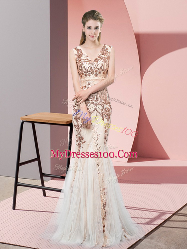 Perfect V-neck Sleeveless Dress for Prom Floor Length Sequins Champagne Tulle