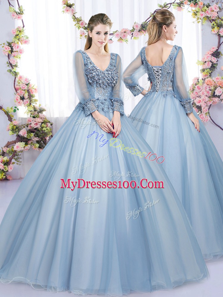 Pretty Floor Length Blue Vestidos de Quinceanera V-neck Long Sleeves Lace Up