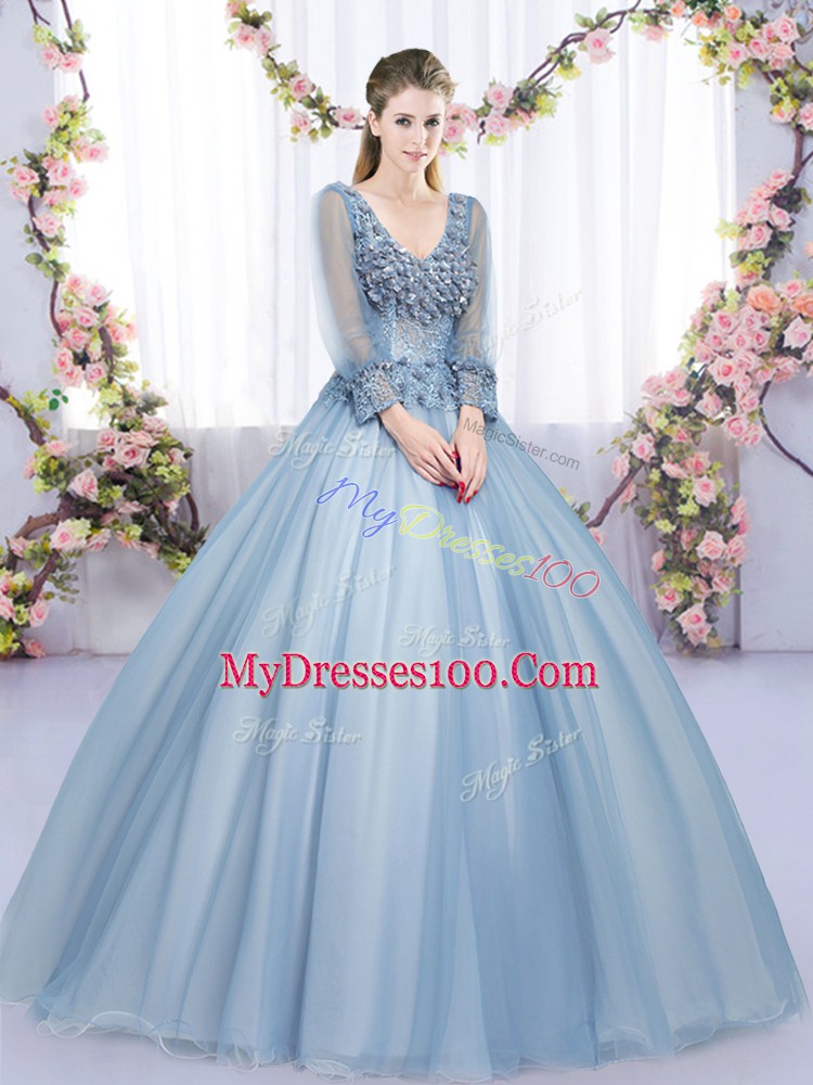 Pretty Floor Length Blue Vestidos de Quinceanera V-neck Long Sleeves Lace Up