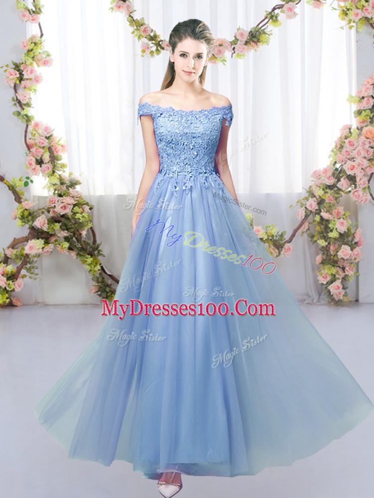 Off The Shoulder Sleeveless Lace Up Bridesmaid Dress Blue Tulle