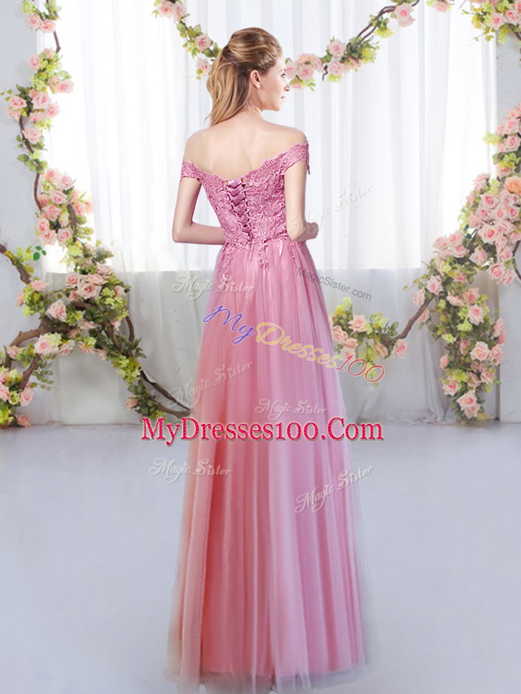 Off The Shoulder Sleeveless Lace Up Bridesmaid Dress Blue Tulle