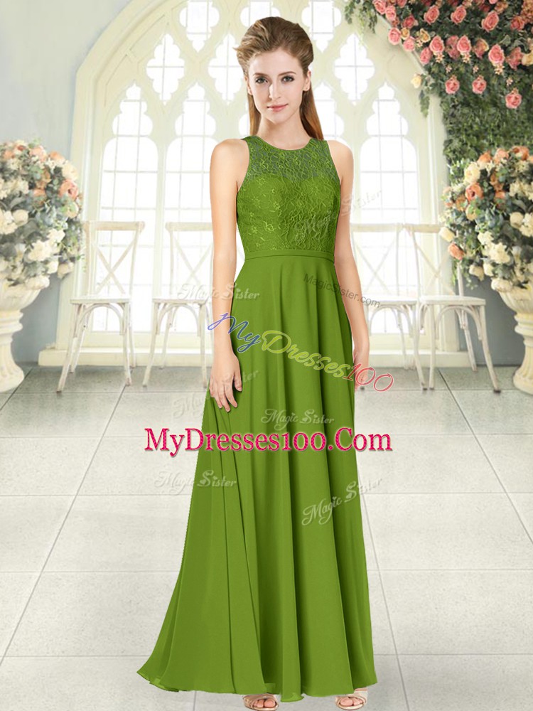Inexpensive Chiffon Scoop Sleeveless Backless Lace Evening Dress in Olive Green