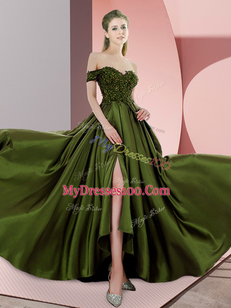 Vintage Olive Green Sleeveless Beading Backless Prom Evening Gown