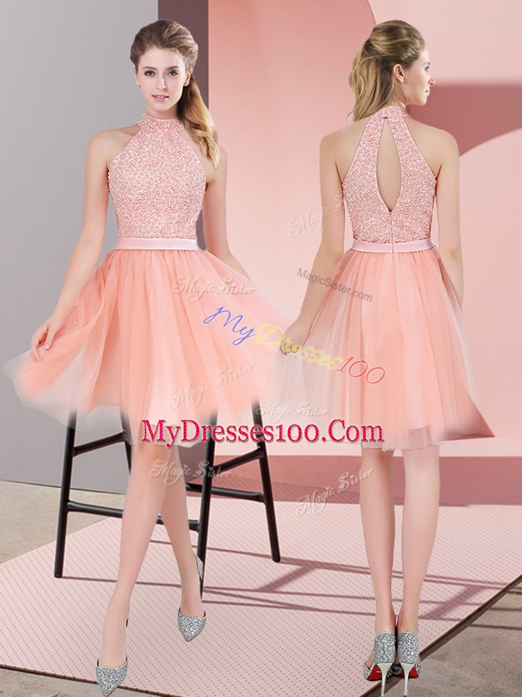 Beading Prom Gown Peach Zipper Sleeveless Knee Length