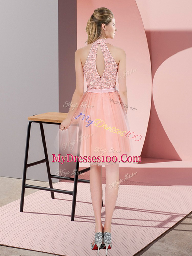 Beading Prom Gown Peach Zipper Sleeveless Knee Length