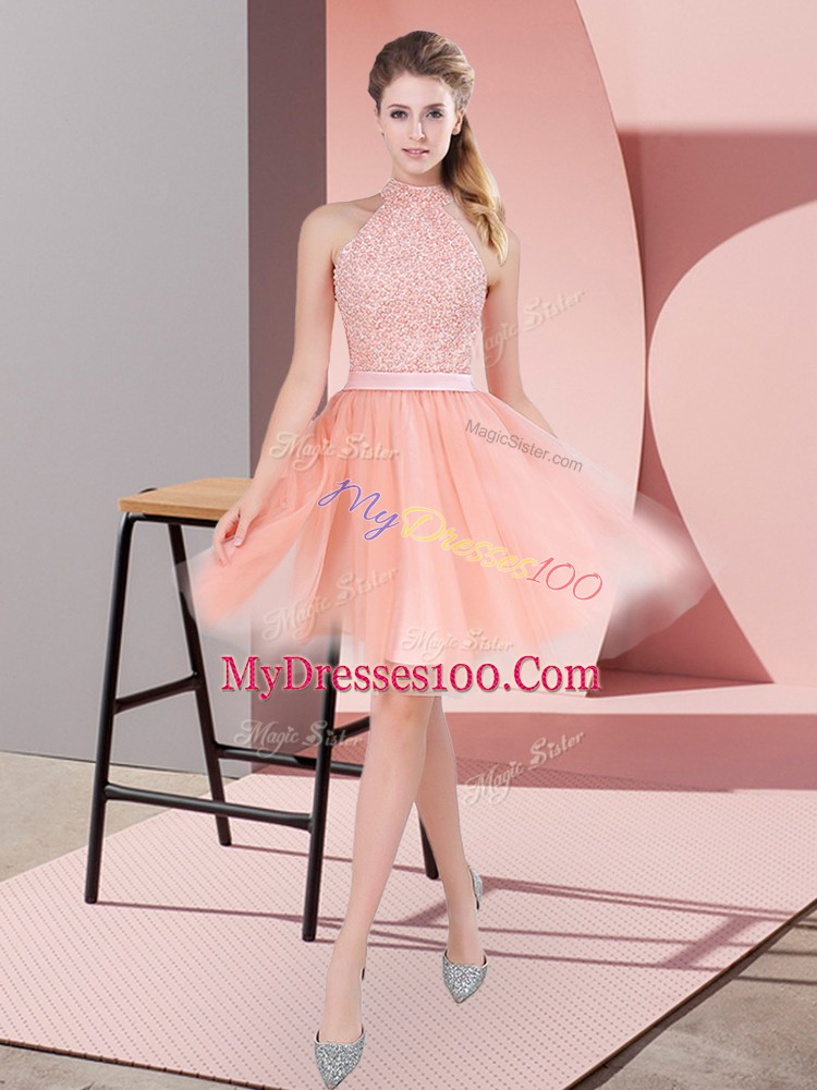 Beading Prom Gown Peach Zipper Sleeveless Knee Length