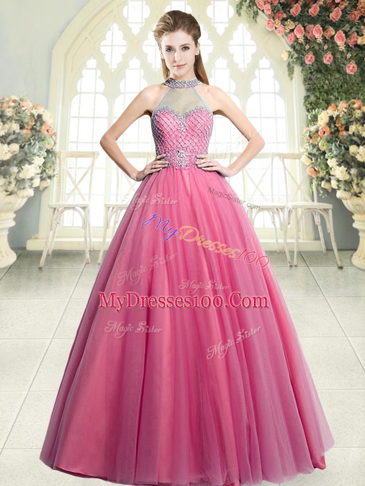 Pink Sleeveless Beading Floor Length Prom Evening Gown