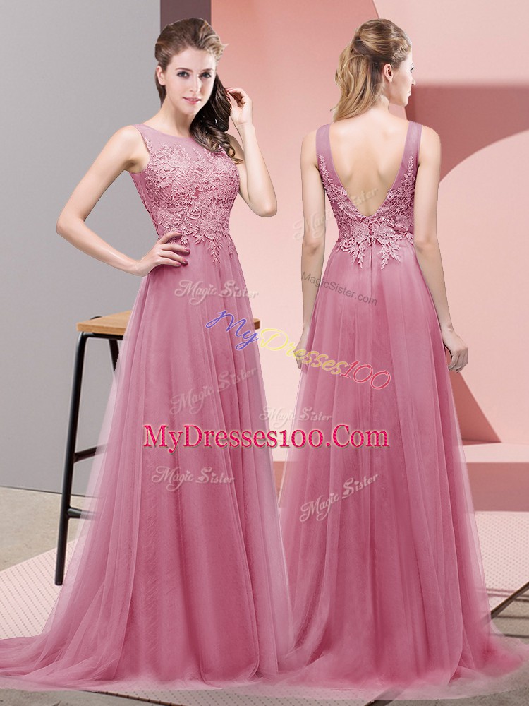 Deluxe Pink Empire Scoop Sleeveless Tulle Sweep Train Lace Up Lace Prom Gown