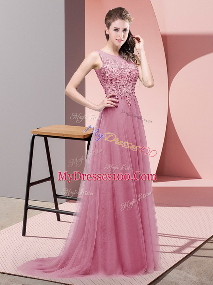 Deluxe Pink Empire Scoop Sleeveless Tulle Sweep Train Lace Up Lace Prom Gown