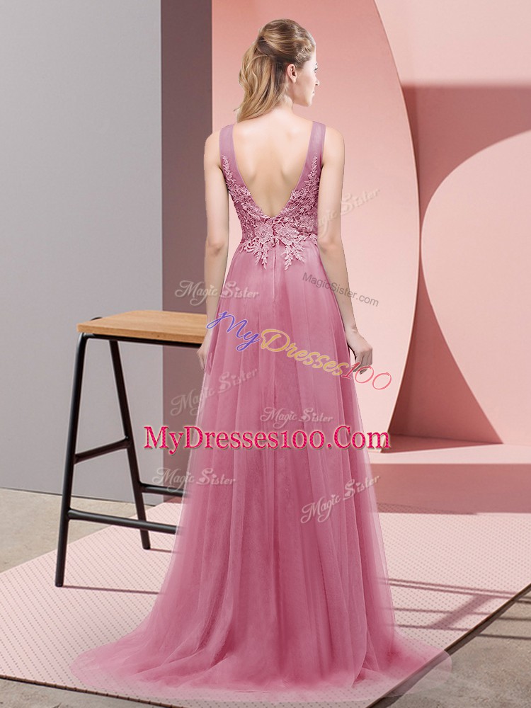 Deluxe Pink Empire Scoop Sleeveless Tulle Sweep Train Lace Up Lace Prom Gown