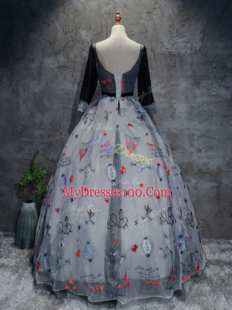 Modern Grey Ball Gowns V-neck 3 4 Length Sleeve Printed Floor Length Lace Up Belt Sweet 16 Dresses