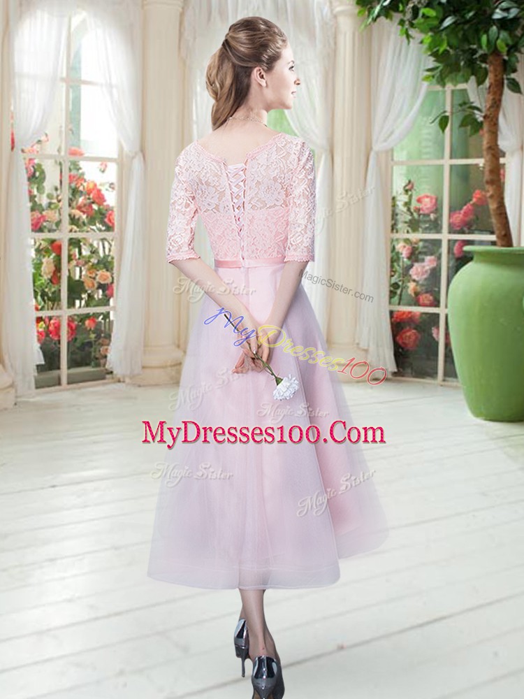 Best Selling Scoop Half Sleeves Evening Dress Belt Lace Up