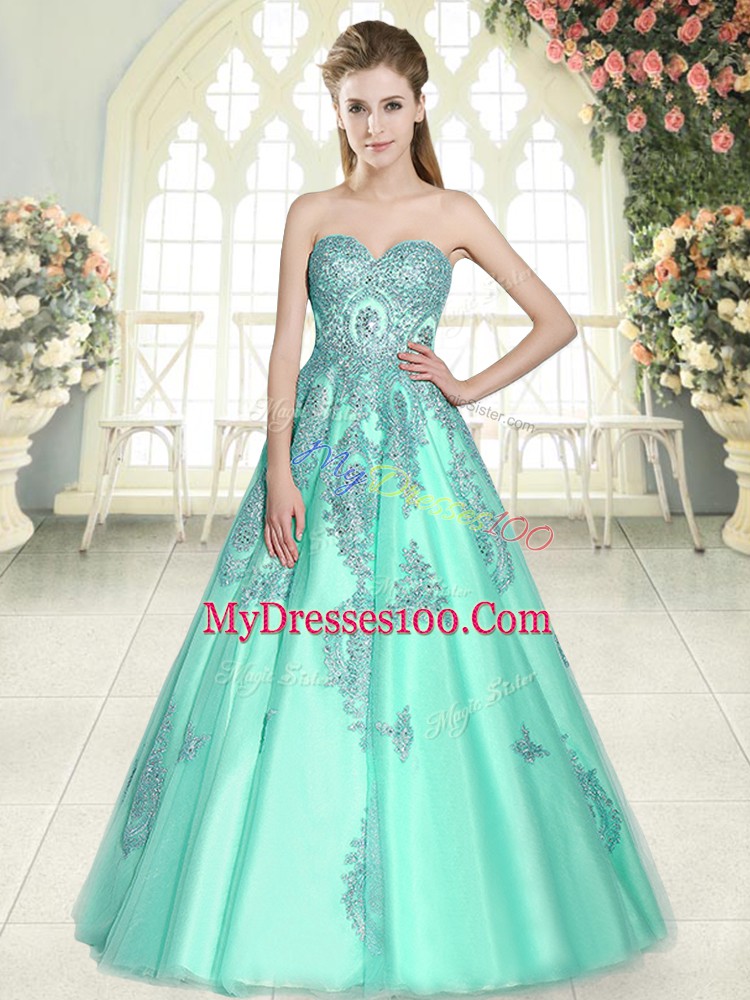 Apple Green A-line Sweetheart Sleeveless Tulle Floor Length Lace Up Appliques Evening Outfits
