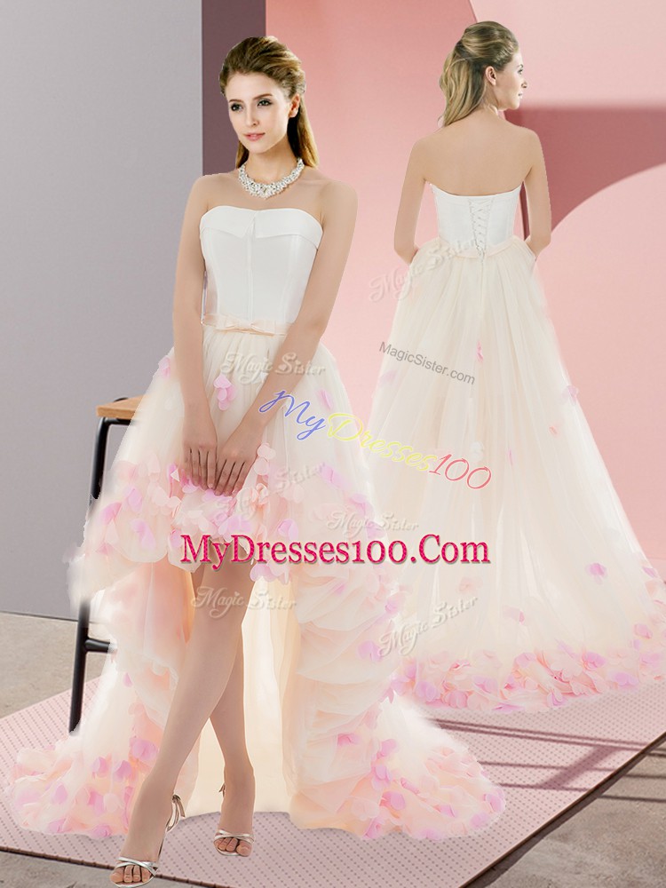 Champagne Strapless Lace Up Appliques Prom Dress Sleeveless