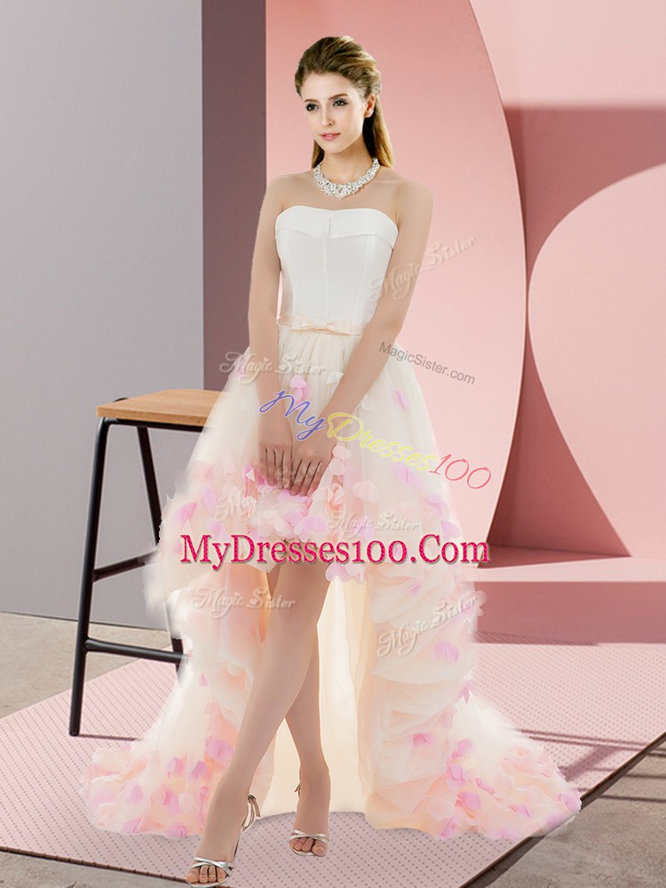 Champagne Strapless Lace Up Appliques Prom Dress Sleeveless