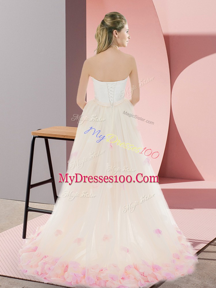 Champagne Strapless Lace Up Appliques Prom Dress Sleeveless