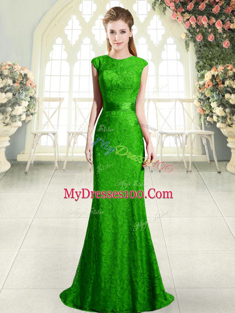 Custom Made Scoop Cap Sleeves Sweep Train Backless Homecoming Dress Green
