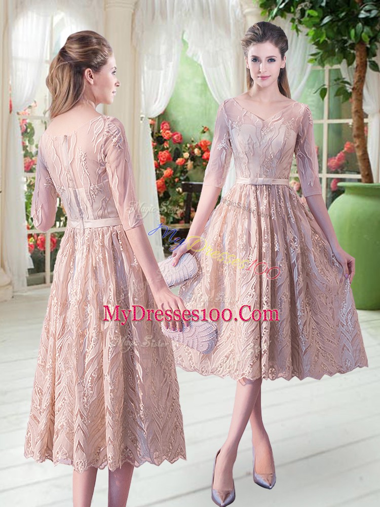 Simple V-neck Half Sleeves Prom Party Dress Tea Length Belt Champagne Lace
