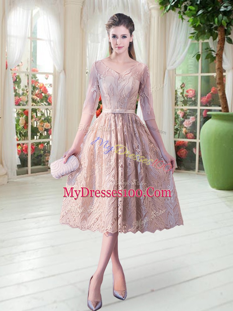 Simple V-neck Half Sleeves Prom Party Dress Tea Length Belt Champagne Lace