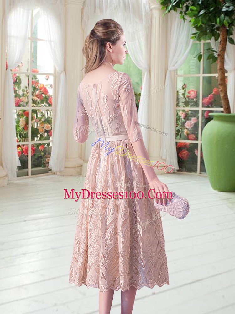 Simple V-neck Half Sleeves Prom Party Dress Tea Length Belt Champagne Lace