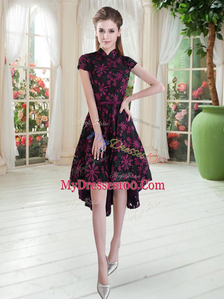 Pink And Black A-line Lace High-neck Short Sleeves Appliques High Low Zipper