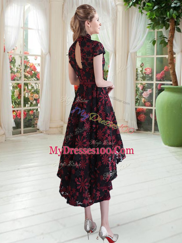 Pink And Black A-line Lace High-neck Short Sleeves Appliques High Low Zipper
