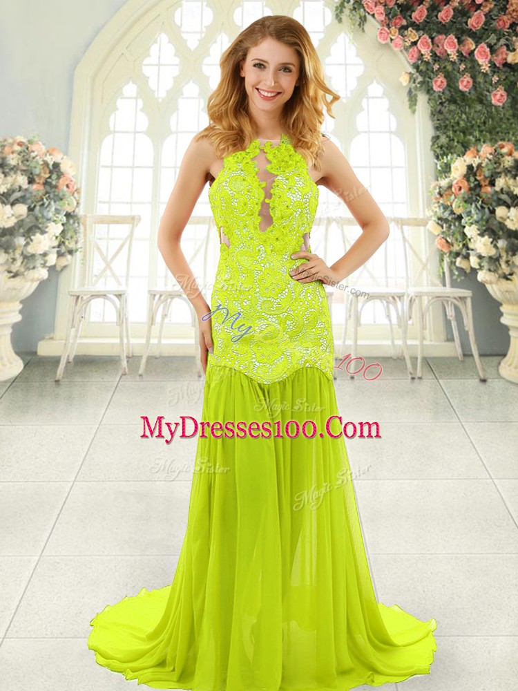 Sleeveless Brush Train Lace Backless Prom Dress