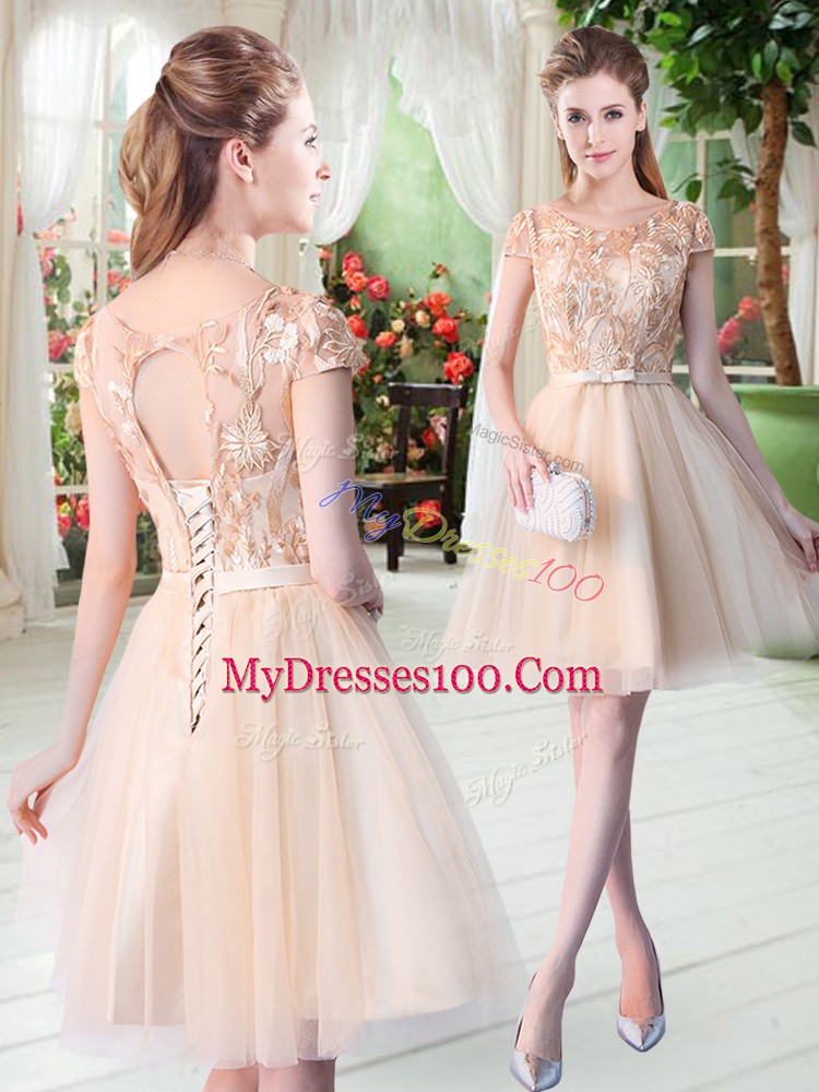 Short Sleeves Mini Length Appliques Lace Up Prom Party Dress with Champagne