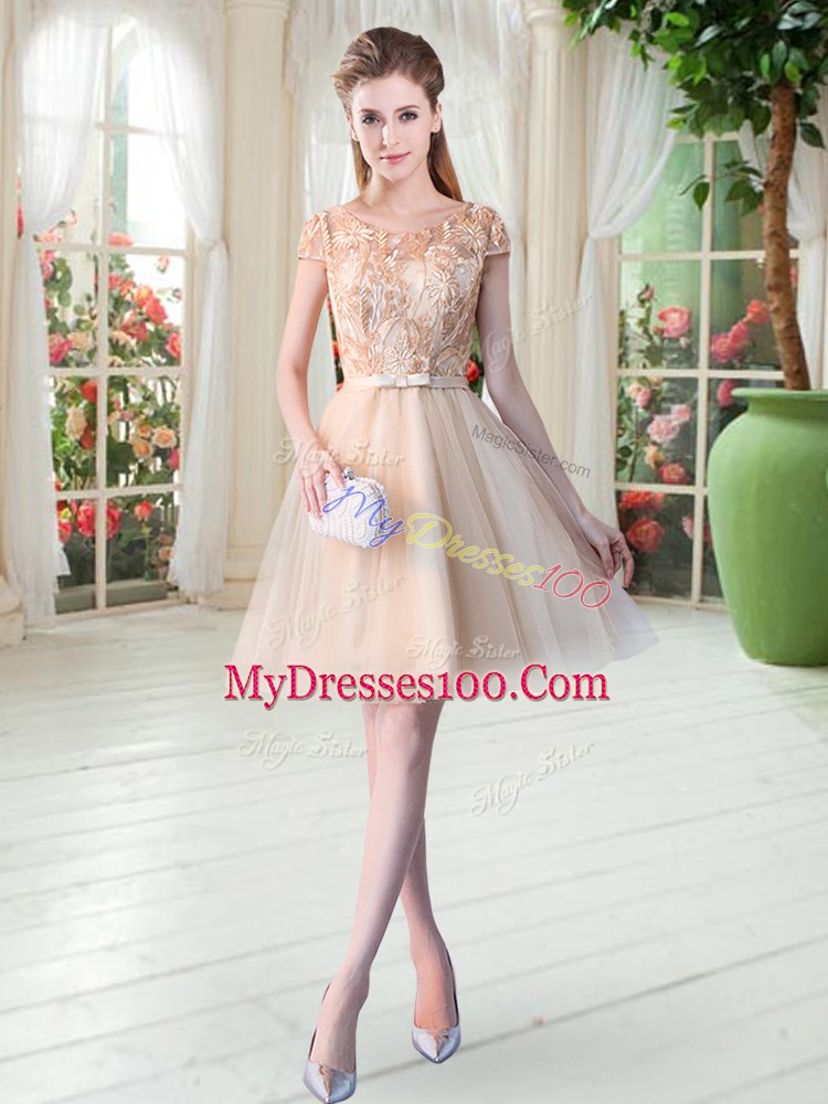 Short Sleeves Mini Length Appliques Lace Up Prom Party Dress with Champagne