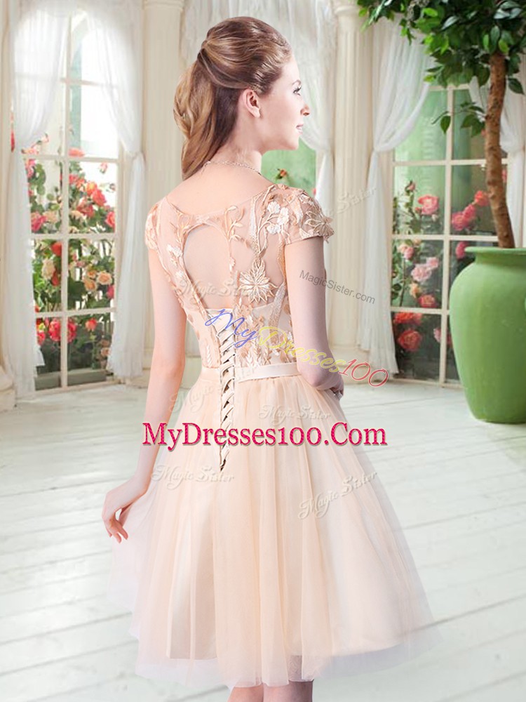 Short Sleeves Mini Length Appliques Lace Up Prom Party Dress with Champagne