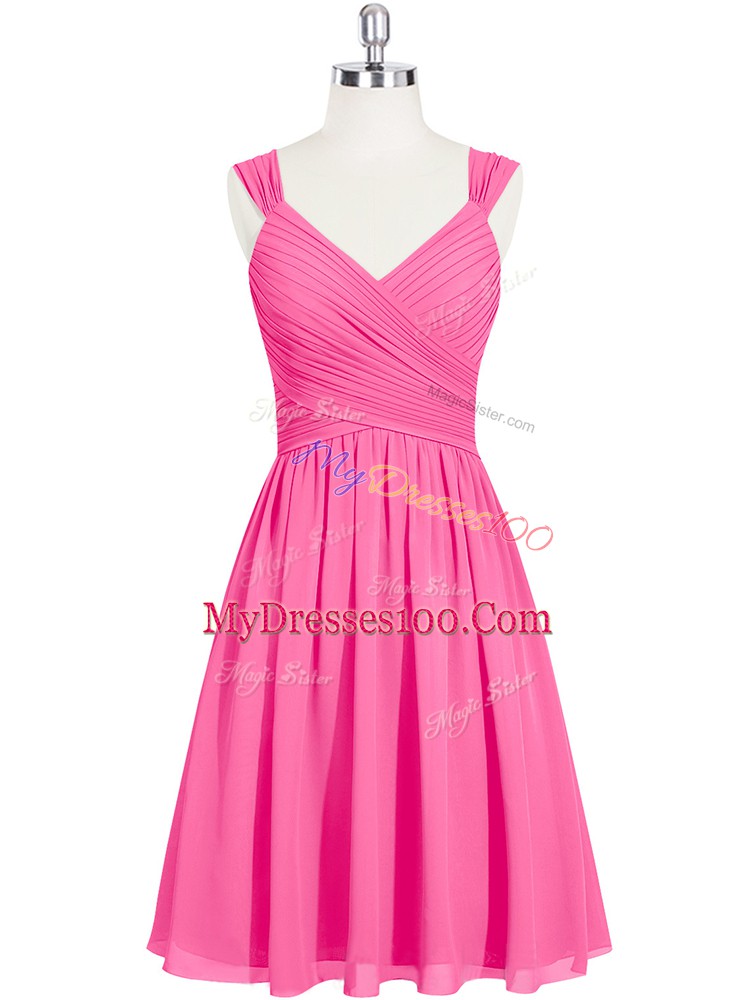 Fitting Pink A-line Ruching Evening Dresses Zipper Chiffon Sleeveless Mini Length