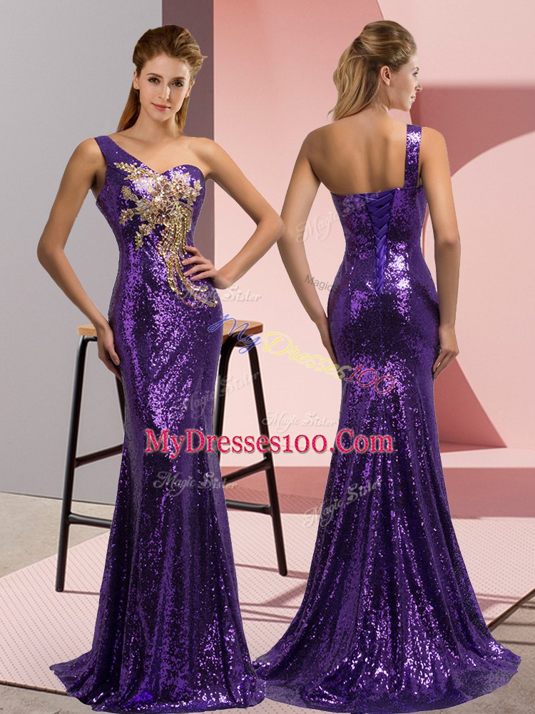 Purple Mermaid One Shoulder Sleeveless Sequined Sweep Train Lace Up Beading and Appliques Prom Gown