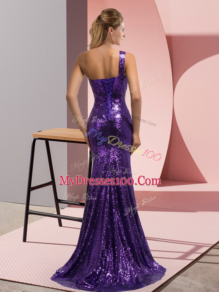Purple Mermaid One Shoulder Sleeveless Sequined Sweep Train Lace Up Beading and Appliques Prom Gown