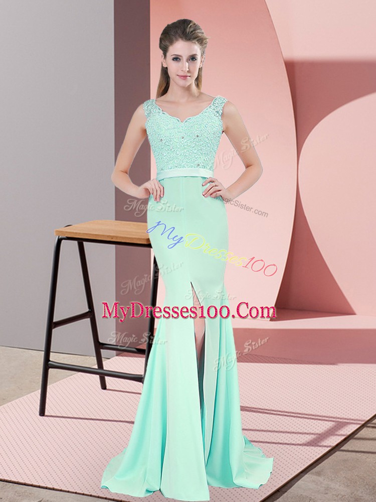 Lovely V-neck Sleeveless Chiffon Going Out Dresses Beading and Lace and Appliques Sweep Train Zipper