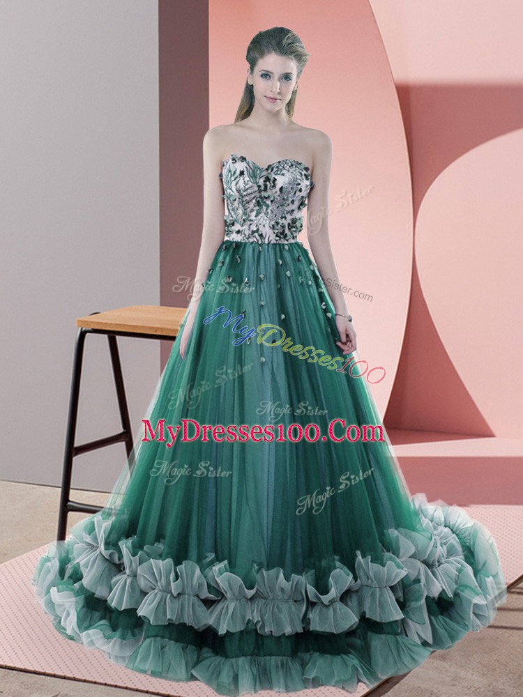High Class Dark Green Sleeveless Beading Lace Up