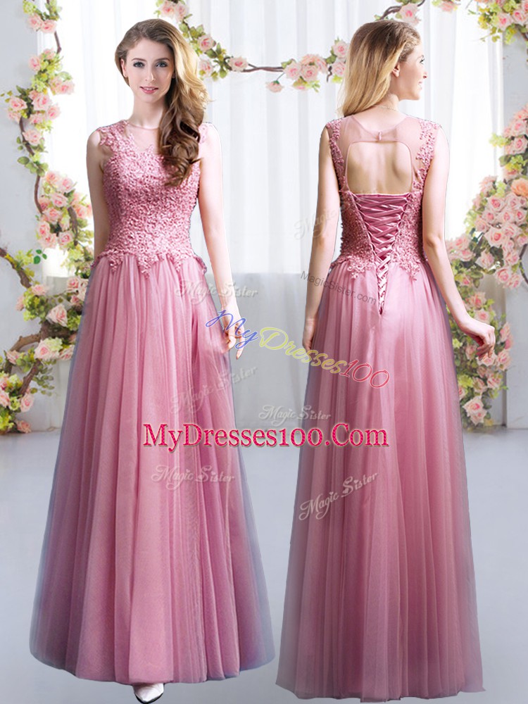 Pink Tulle Lace Up Scoop Sleeveless Floor Length Wedding Party Dress Lace