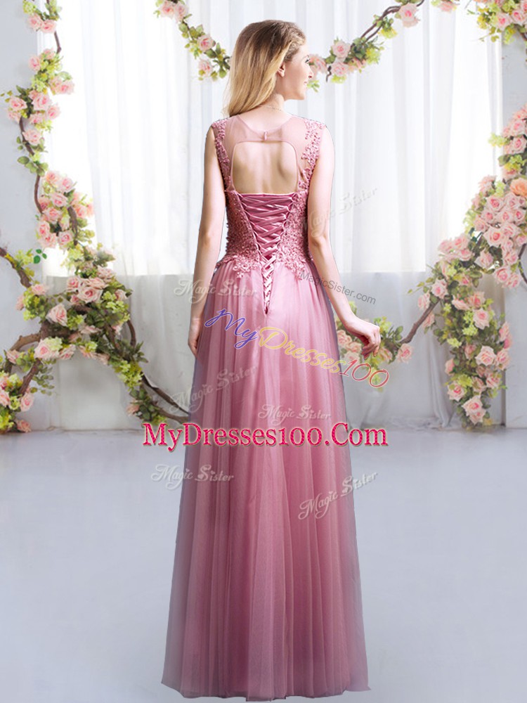 Pink Tulle Lace Up Scoop Sleeveless Floor Length Wedding Party Dress Lace