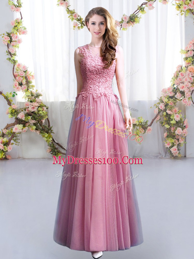 Pink Tulle Lace Up Scoop Sleeveless Floor Length Wedding Party Dress Lace